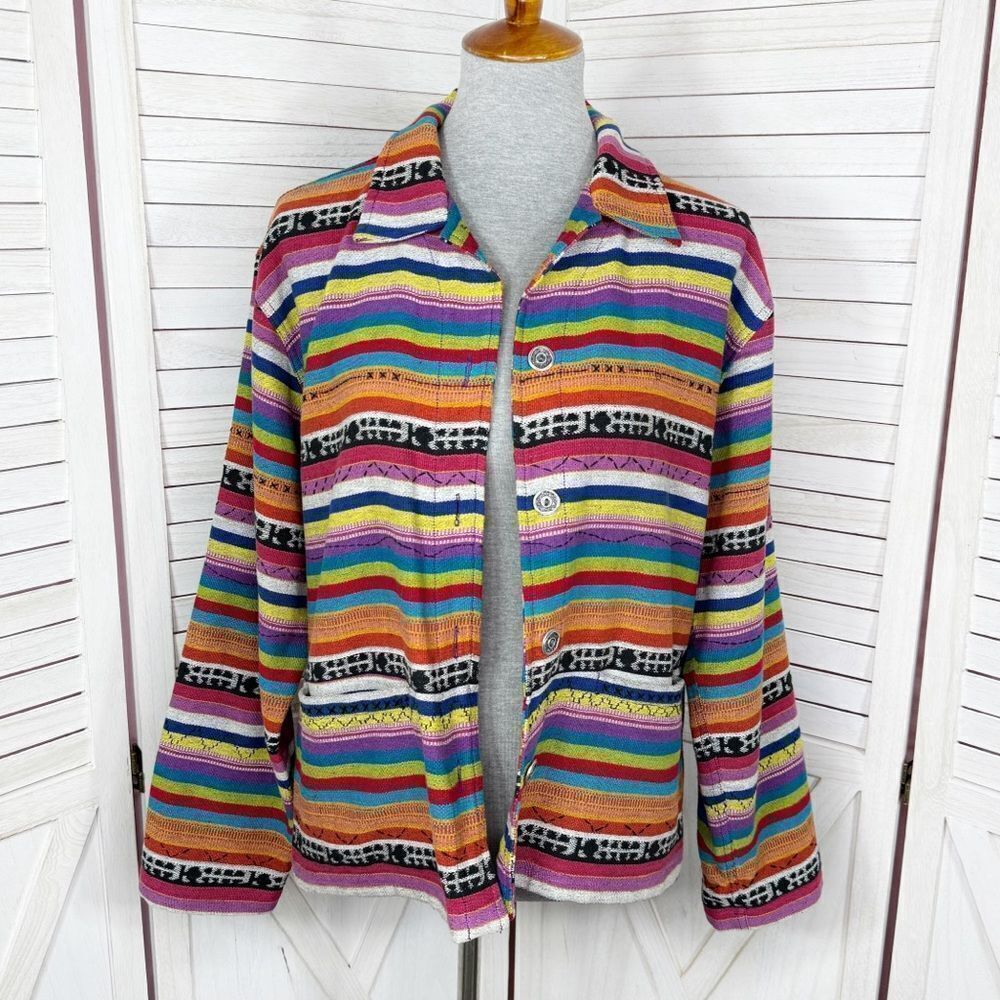 Vtg Chico's Design Jacket Women Large Multicolor Stripe Serape Western Rainbow